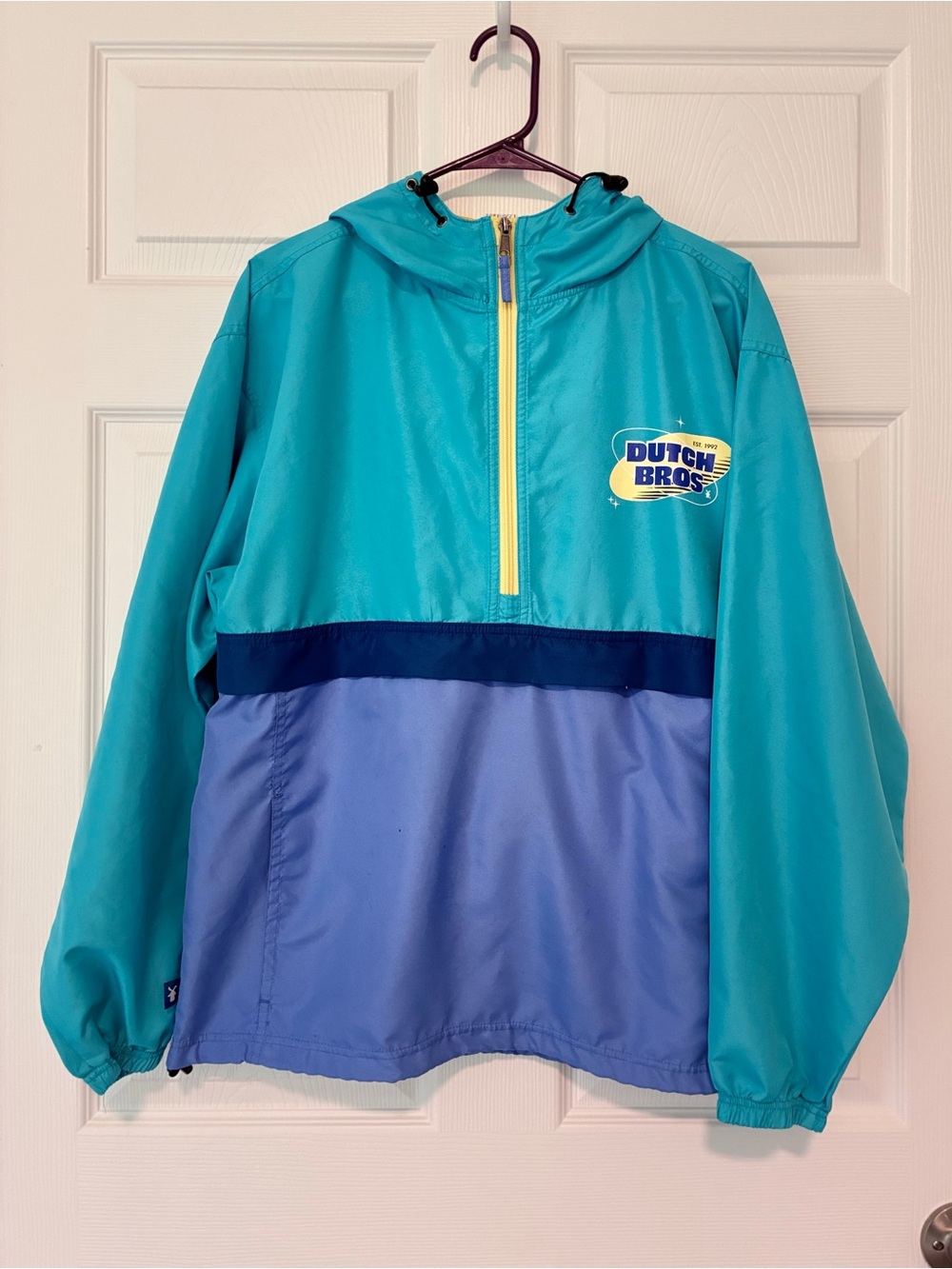 Dutch Bros Teal Hooded Pullover/Folds into Pouch